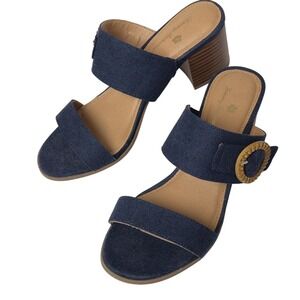 Tommy Bahama Womens Navy Blue Textile‎ Block Heel Slide Sandals Buckle Mules 8M